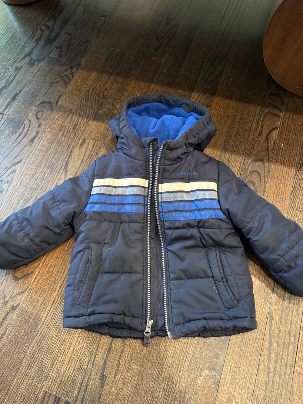 London Fog Navy Blue Kids Puffer Jacket with Blue and White Stripes